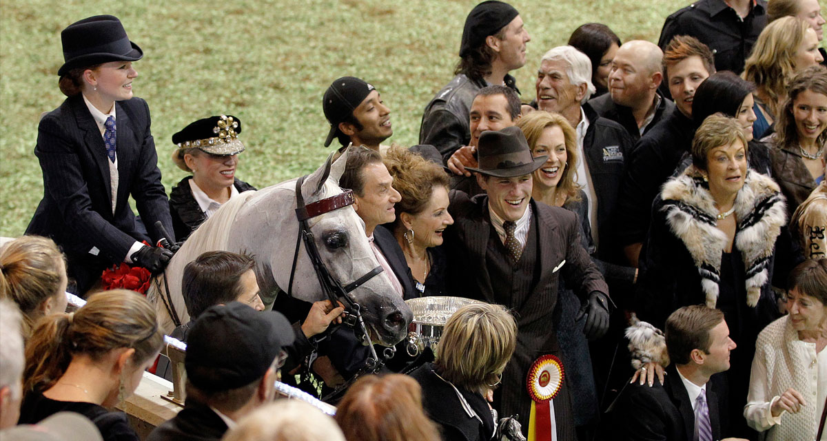 Champion gray horse led through a celebrating crowd at an award presentation